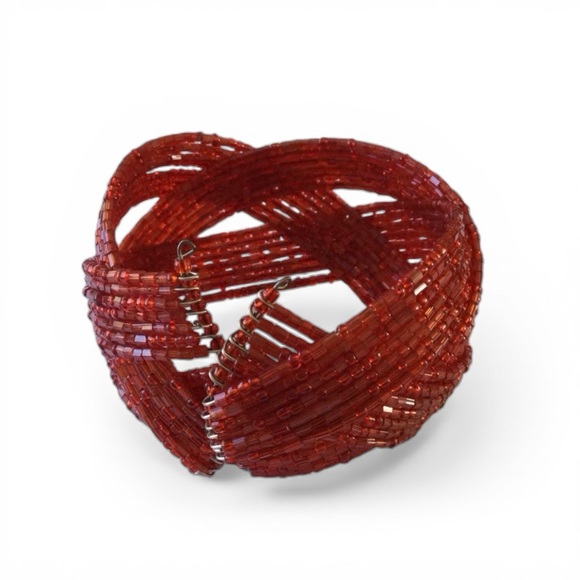 Twisted Flexible Seed Bead Braided Cuff Bracelet – Red - Picture 7 of 11
